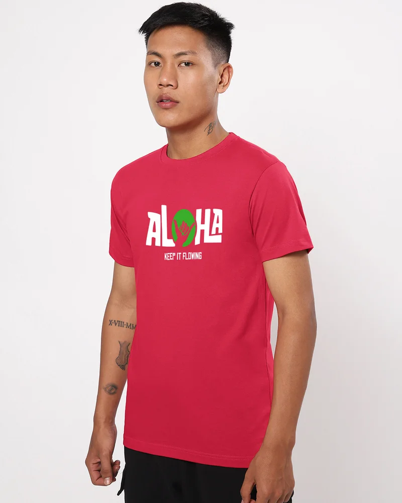 bewakoof Men's Bold Red Aloha Typography T-shirt